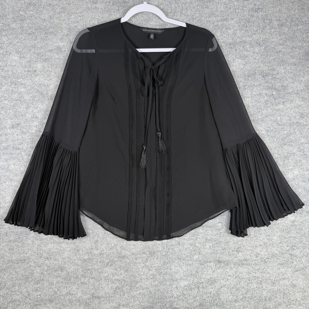 White House Black Market Size-2 Womens‎ Blouse Bell Sleeve Black Tassel Pintuck